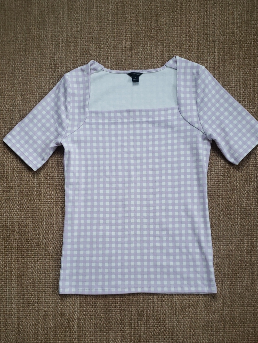 Ann Taylor Lilac and White Gingham Square-Neck Short Sleeve Top